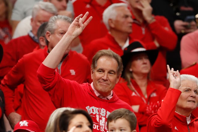 Jim Nantz cheers on the Houston players during the second round game between Texas A&M and the University of Houston in the 2024 NCAA Tournament at FedExForum in Memphis, Tenn., on Sunday, March 24, 2024.