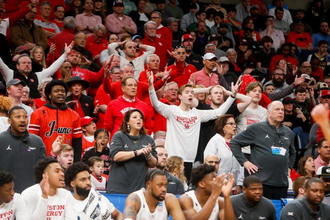 Houston fans react to a call during the second round game between Texas A&M and the University of Houston in the 2024 NCAA Tournament at FedExForum in Memphis, Tenn., on Sunday, March 24, 2024.