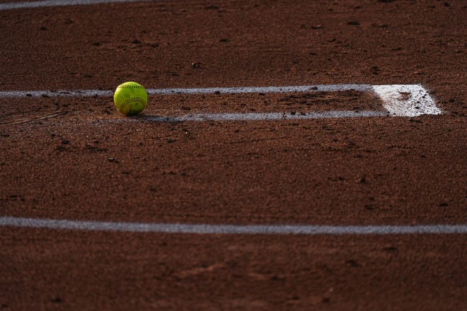 A softball is left at the pitcher's circle in between innings in the Texas Longhorns game against Iowa State at Red and Charline McCombs Field on Friday, April 26, 2024 in Austin.