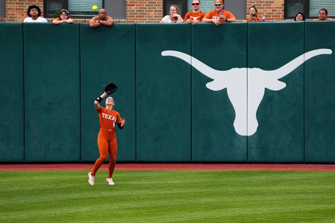 Texas Longhorns outfielder Bella Dayton (6) gets under a fly ball during the game against Iowa State at Red and Charline McCombs Field on Friday, April 26, 2024 in Austin.