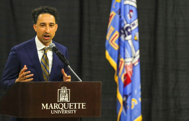 Shaka Smart speaks at Marquette, Monday, March 29, 2021, at the Al McGuire Center in Milwaukee. Smart is the new NCAA college head men's basketball coach at Marquette. (Ebony Cox/Milwaukee Journal-Sentinel via AP)